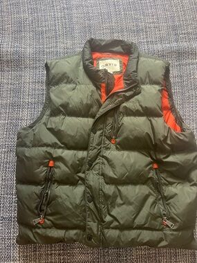 Orvis Men's Olive Green Puffer Vest with Orange Accents